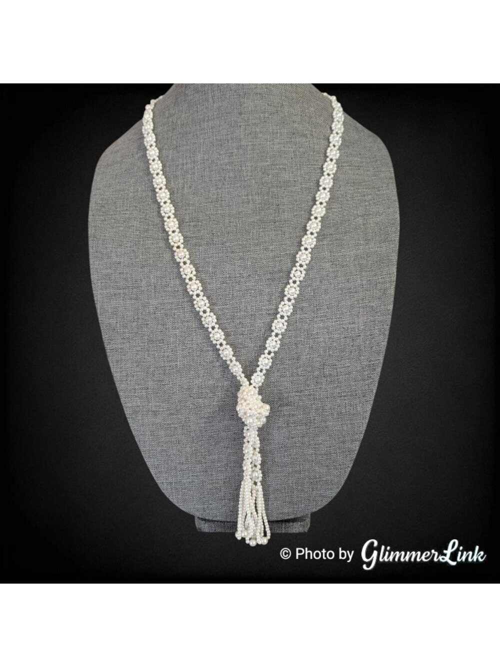 Vintage Faux Pearl Tassel Necklace Floral Beadwork Lariat